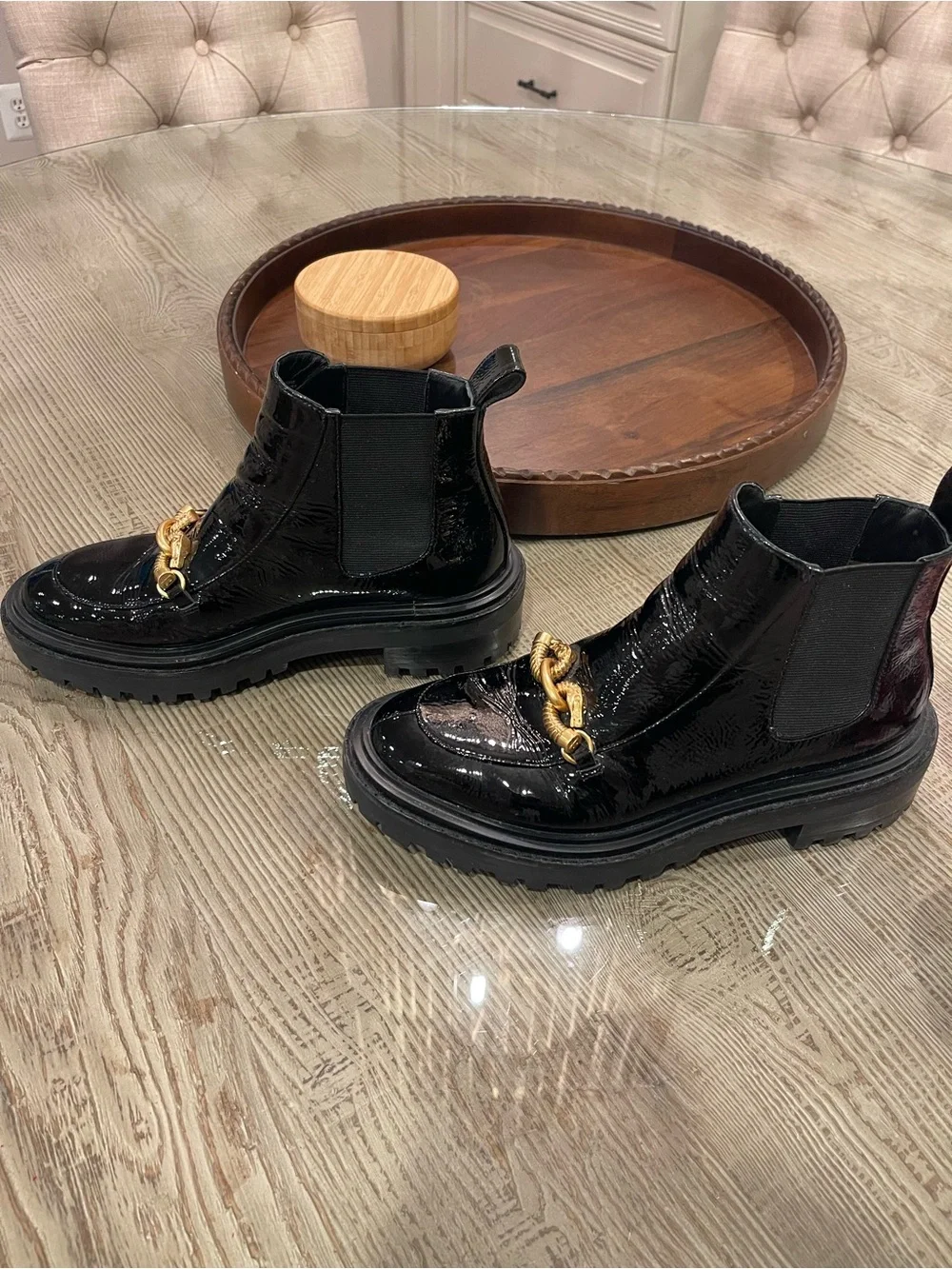 Tory Burch Women’s Black Patent Leather Boots with Gold Accent